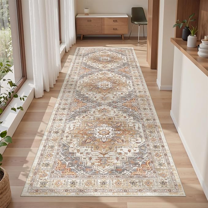 befbee 2.6'x8'Non Slip Runner Rugs - Runners for hallways, Kitchen,Entryway,Stain Resistant Washable Rugs for Bedroom, Indoor Vintage Area Rugs (Turmeric/Grey,2.6'x8')