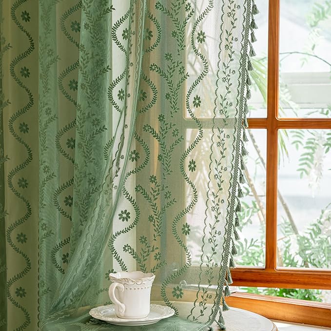 WAZZIO Boho Lace Curtains 2 Panels 84 Inches -Vintage Victorian Sheer Panel Drape French Country Floral Pattern & Tassel Light Filtering Privacy for Bedroom Dining Living Room,Dark Sage Green,W52x L84