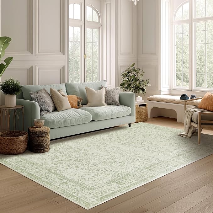 Sage Green Area Rug for Bedroom Neutral Boho Farmhouse Floral Distressed Design 5x8 Rug with Washable No Slip Soft 5 by 8 Area Rugs for Living Room Home Office Dining Room Carpet for Under Table