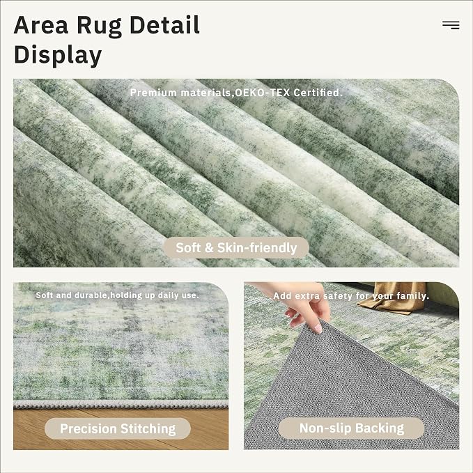 3x5 Rug, Abstract Small Area Rug for Kitchen, Entryway, Machine Washable Non-Slip Throw Rug, Vintage Carpet for Nursery Coffee Table Green Ivory