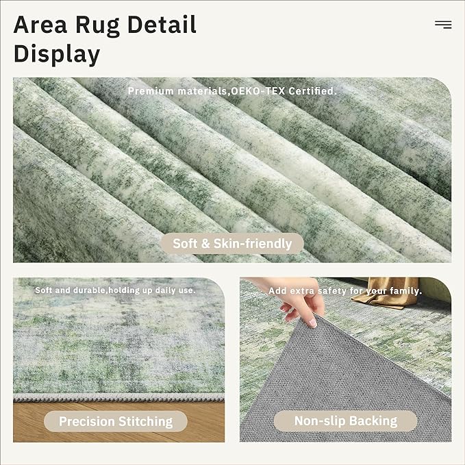Soalmost 8x8 Green/Ivory Round Rug 8ft Living Room Circle Rug Vintage Round Area Rug Non Slip Indoor Carpet for Apartment