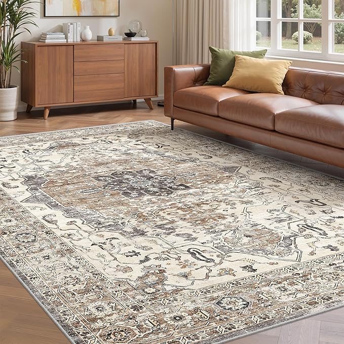 befbee 5x7 Area Rugs for Living Room, Stain Resistant Neutral Washable Rugs for Dining Room, Floral Vintage Non-Slip Thin Large Size Area Rug (Brown/Grey)