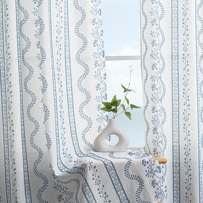 Coastal Curtains for Living Room Bedroom,Light Blue and White Floral Striped Farmhouse Linen Printed Sheer Patterned Beachy Summer Curtains for Beach Room Decor,50 x 84 Inch Length 2 Panels Set