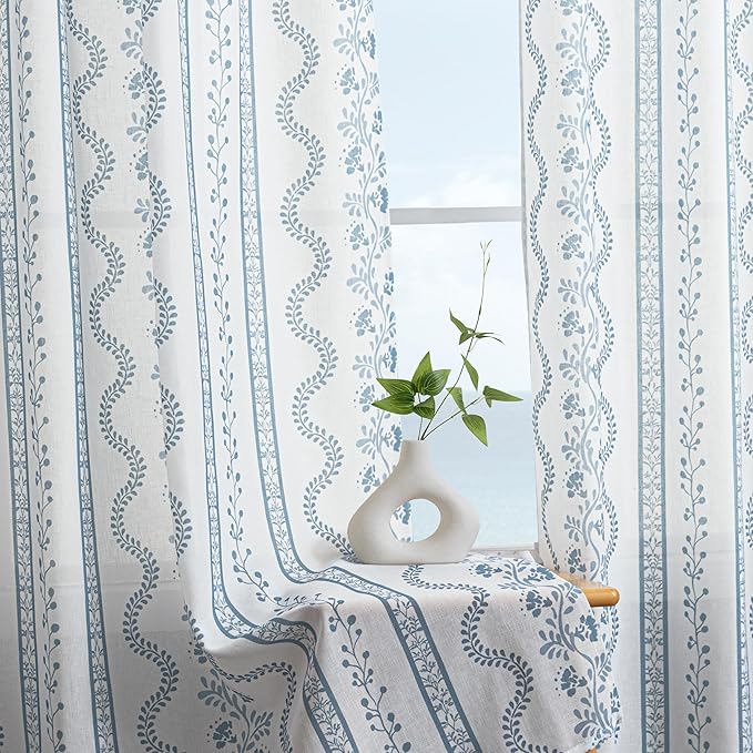Light Blue and White Chinoiserie Curtains 63 Inch Length for Living Room, Summer Floral Striped Light Filtering Sheer Drapes 2 Panels Set