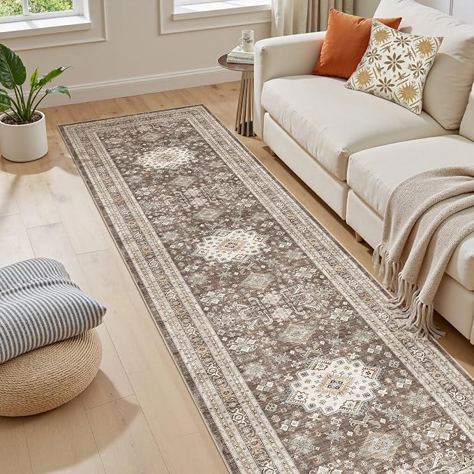 Vintage Hallway Runner Rug 2x6: Large Soft Washable Entryway for Kitchen Laundry Room Non-Slip Backing Runner for Entrance Living Room Bedroom Bathroom - Dark Brown