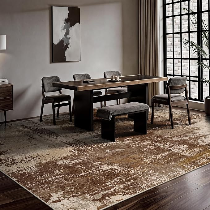 9x12 Area Rugs - Modern Abstract Washable Rug, Ultra Soft Non Slip Low Pile Large Brown Rugs for Living Room, Floor Carpet for Bedroom Dining Room Office Laundry Nursery Home