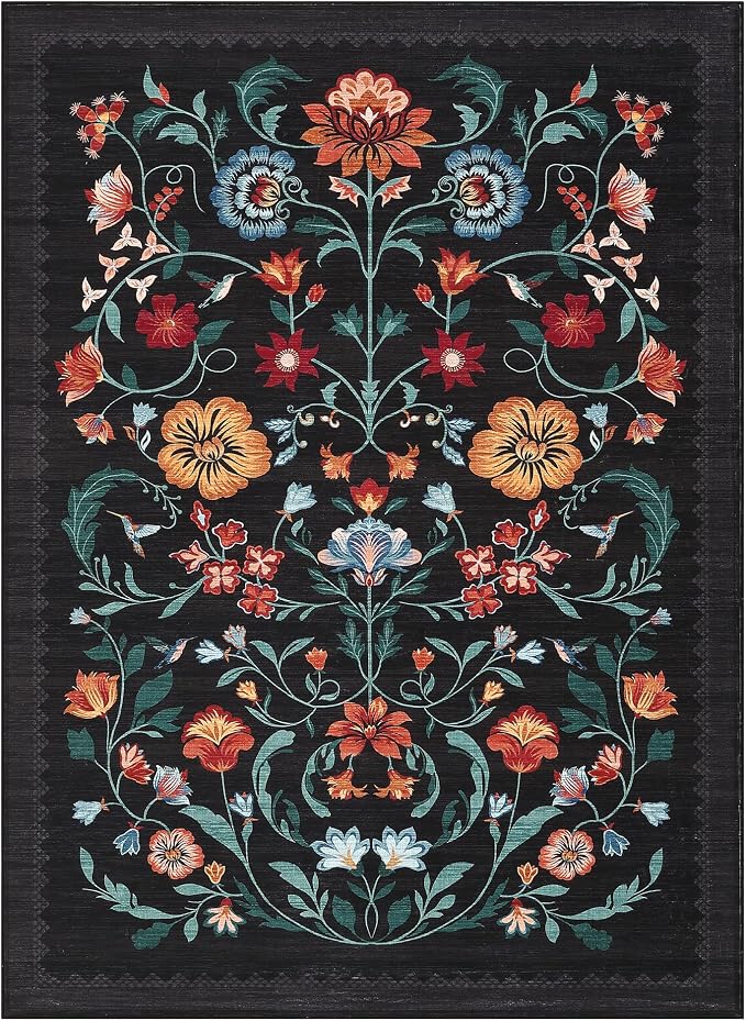 GarveeHome Washable Rug 9x12 Area Rugs for Living Room, Floral Rug for Bedroom, Soft Vintage Non Slip Throw Rugs with Rubber Back, Low Pile Stain Resistant Boho Floral Carpet for Dining Room, Black