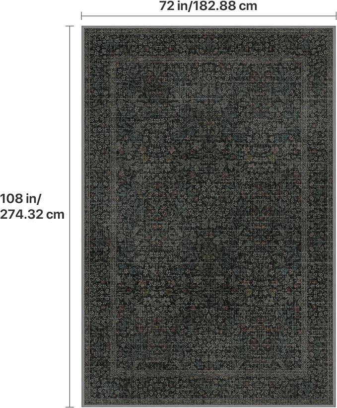 GENIMO 6x9 Washable Living Room Area Rug, Non Slip, Charcoal Green | Vintage Boho Floral Low Pile Thin Carpet for Bedroom, Dining Room, Nursery, Indoor Decor