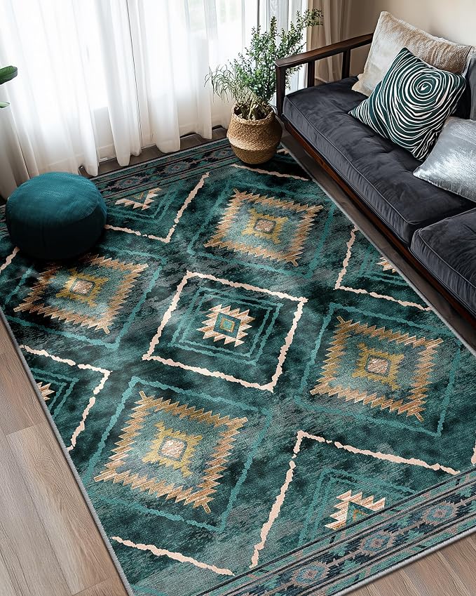 BESTSWEETIE Area Rug 6x9 Rug Machine Washable Non-Slip Low Pile Print Pattern Western Rug for Living Room Bedroom Entryway Tribal Series -Teal/Green
