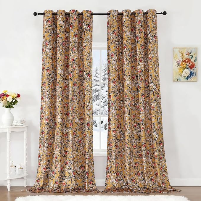 Estelar Textiler Mustard Yellow Luxury Velvet Floral Printed Curtains 2 Panels for Bedroom, Thermal Insulated Room Darkening Blackout Grommet Curtains & Drapes for Living Room and Farmhouse, 52Wx96L