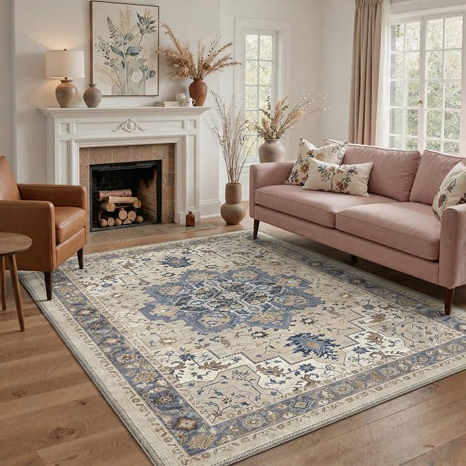 GENIMO Area Rug 2x3 Doormat, Machine Washable Low Pile Rugs, Small Retro Entryway Mat for Entrance, Hallway, Kitchen and Corridor, Blue Cream