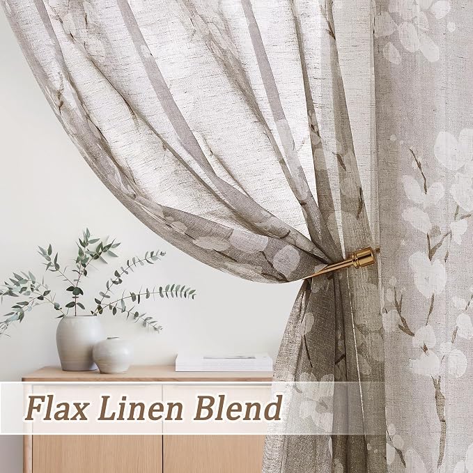 Fmfunctex Linen Sheer Curtains for Bedroom, Tan White Blossom Print Curtains 96 Inches Long for Living Room, Taupe Floral Patterned Farmhouse Curtain Light Filtering Window Drapes 2 Panels, Rod Pocket