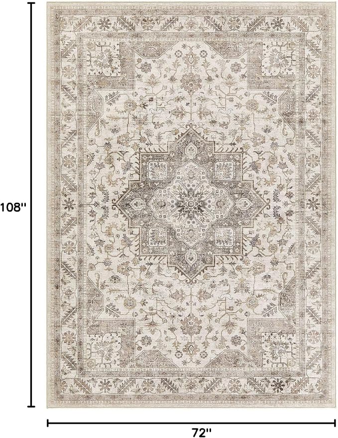 Vintage Living Room Area Rug 6x9 - Large Soft Washable Oriental Traditional Distressed Farmhouse Rugs for Bedroom - Indoor Floor Accent Carpet for Home Office House Decor - Light Brown