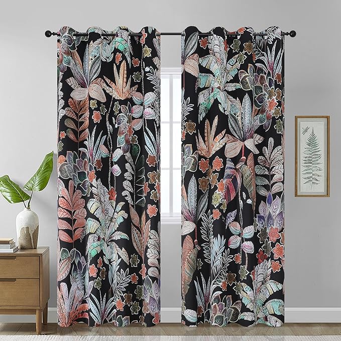 Estelar Textiler Black Boho Floral Printed Curtains 84 inches Long 2 Panels for Bedroom,Black Out Curtains Grommet Thermal Insulated Room Darkening Window Drapes for Living Room Nursery,52Wx84L
