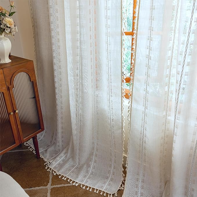 White Curtains 96 Inches Long 2 Pannel Set,Floor to Ceiling Light Filtering Tassels Privacy Living Room Curtains,Country Vintage Embroidery Window Treatment Back Tab, 50" W