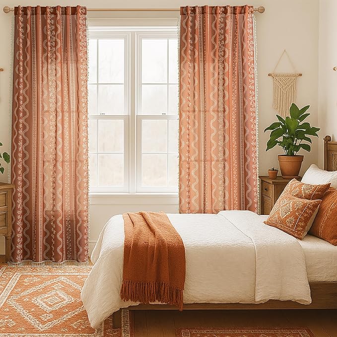 Terracotta Boho Curtains for Living Room, Rust Burnt Orange Bohemian Floral Patterned Rustic Farmhouse Light Filtering Drapes, Retro Printed Whimsical Fun Tassel Tapestry Curtain 84 Inch Long 2 Panels