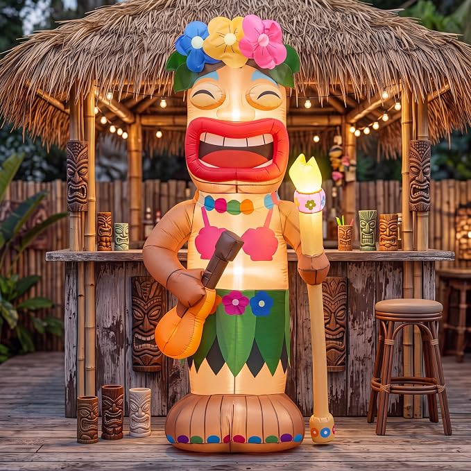 Shappy 5 ft Tiki Inflatable Surfboard for Luau Hawaiian Party Decorations Summer Inflatables Outdoor Built-in LED Blow up Tiki Beach Tropical Aloha Bar Beach Pool Surfing Yard Party Decorations