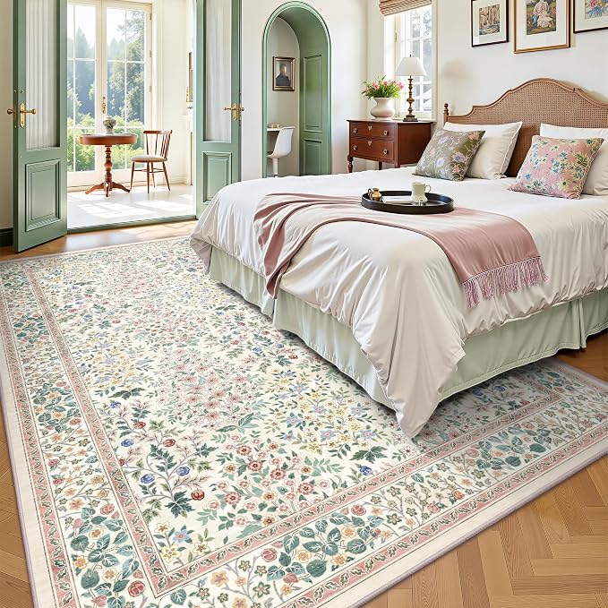 5x7 Area Rugs, Vintage Washable Rug for Bedroom, Indoor Non-Slip Rugs for Living Room, Dining Room, Low Pile Home Decor Floral Rug(Pink Floral)