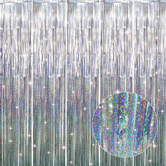 GOER 3.2 ft x 9.8 ft Metallic Tinsel Foil Fringe Curtains Party Photo Backdrop Party Streamers for Birthday,Graduation,New Year Eve Decorations Wedding Decor (5 Packs,Shiny Silver)