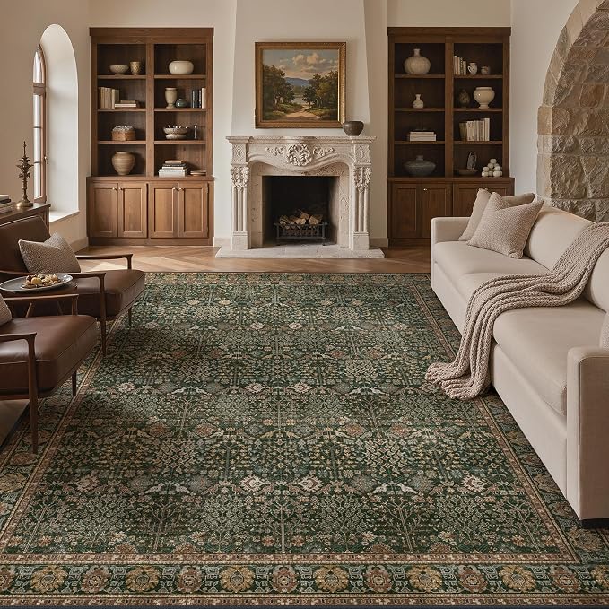 Bavni Washable Rugs 10x14-Machine Washable Rug Lightweight Low Pile, Vintage Floral Rug Non-Shedding Distressed Throw Carpet for Living Room Bedroom Office, Dark Green/Multi