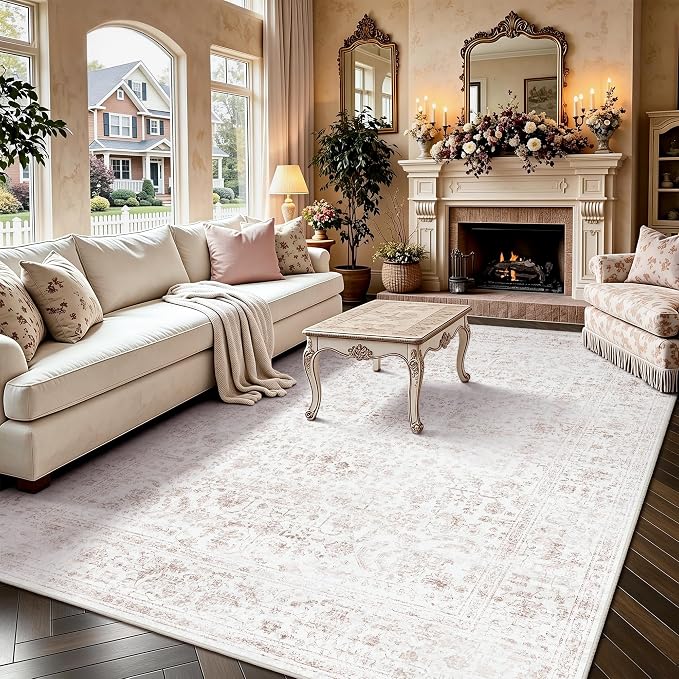 6x9 Area Rugs, Washable Vintage Retro Floral Rug for Living Room, Low Pile Non Slip Distressed Large Carpet for Bedroom, Dining Room, Office, Home (Pink)