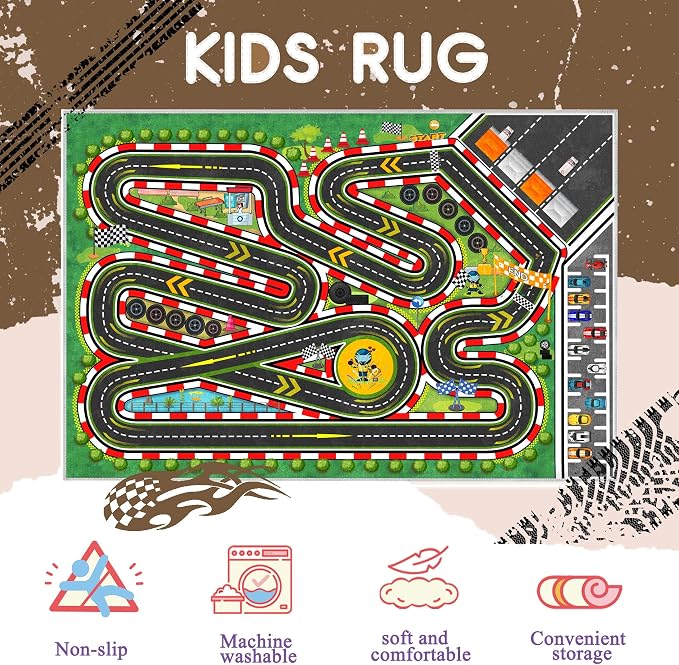 Kids Racing Rug 63''x94'' Car Road Kid Rug Carpet Playmat for Playoom Traffic Road Kid Play Mat for Bedroom，Kids Educational City Traffic Road map Fun Carpet (Green)