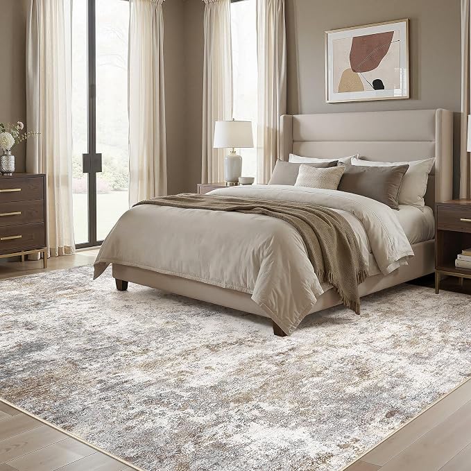 UERMEI Square Area Rugs : Washable 12x12 Neutral Modern Abstract Carpet for Living Room Bedroom - Soft Floor Mat with Non Slip Backing for Kitchen Nursery Dorms Farmhouse Home Decor - Brown Grey