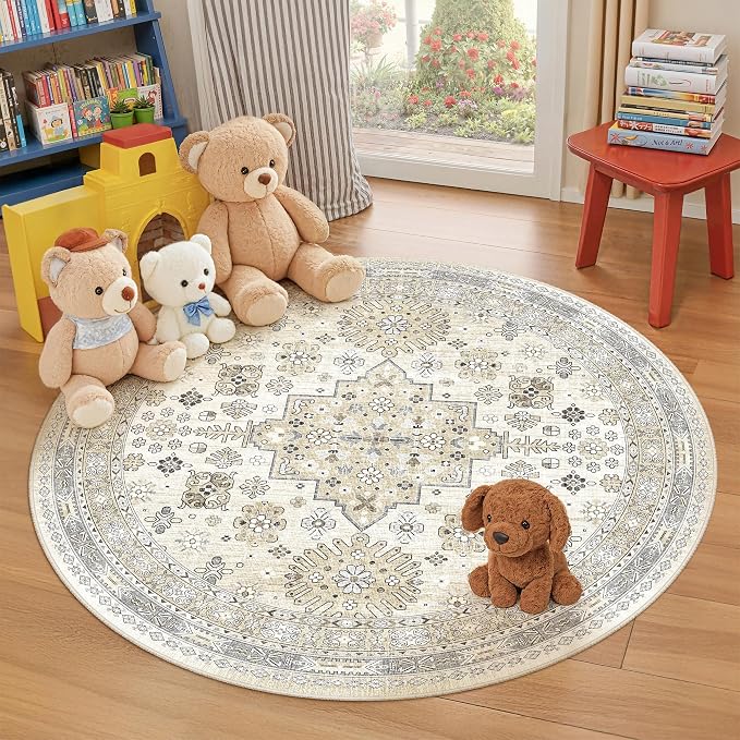 zesthome Washable Round Area Rugs - Non-Slip 6ft Round Rugs, Ultra-Thin Large Circle Rugs for Living Room, Soft Low Pile Rug for Bedroom, Kitchen, Nursery - Vintage Stain Resistant Round Rug
