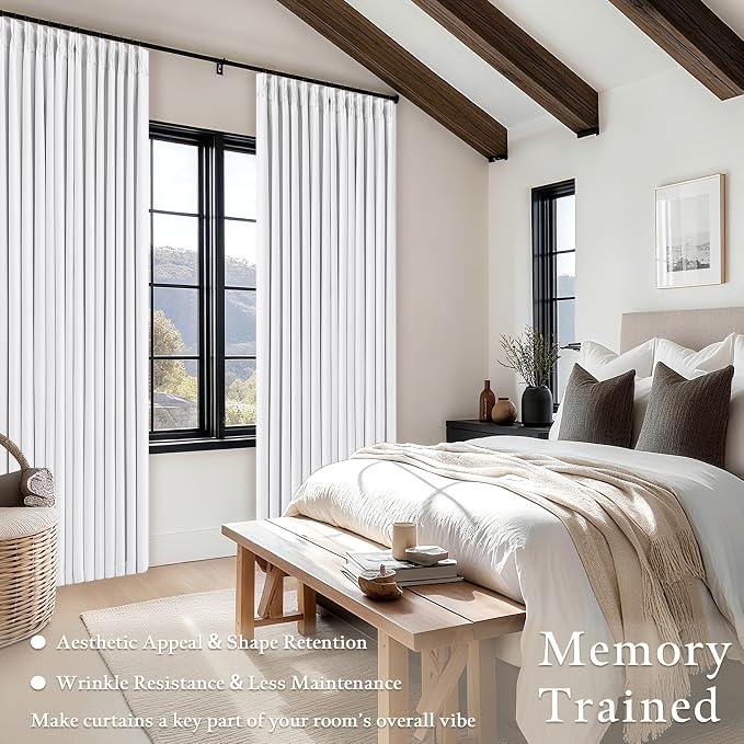 Soft White 100 Inch Floor Length Linen Blackout Curtains for Bedroom Pinch Pleated Black Out Thermal Insulated Window Drapes Light Blocking Double Layer Soundproof 100 Inch White Curtain 2 Panels