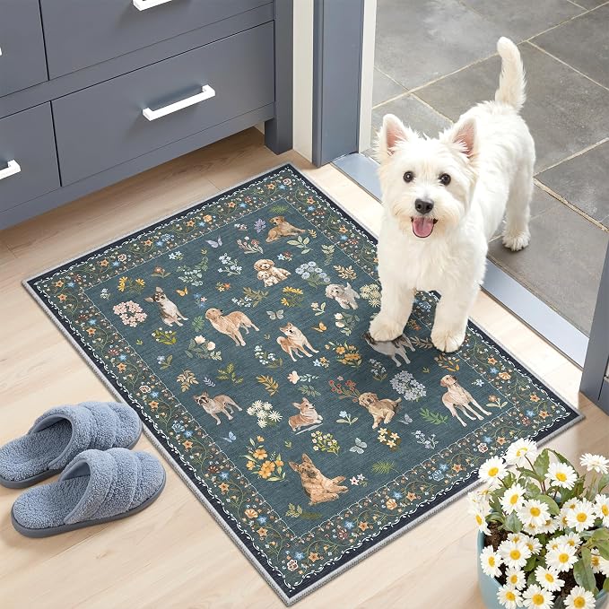 Soalmost 2x3 Dog Rugs for Entryway, Machine Washable Door Mat Animal Floral Small Area Rug Non-Slip Low Pile Soft Throw Rugs for Entrance Kitchen Indoor Front Door Kids Room (2 x 3,Navy Blue)