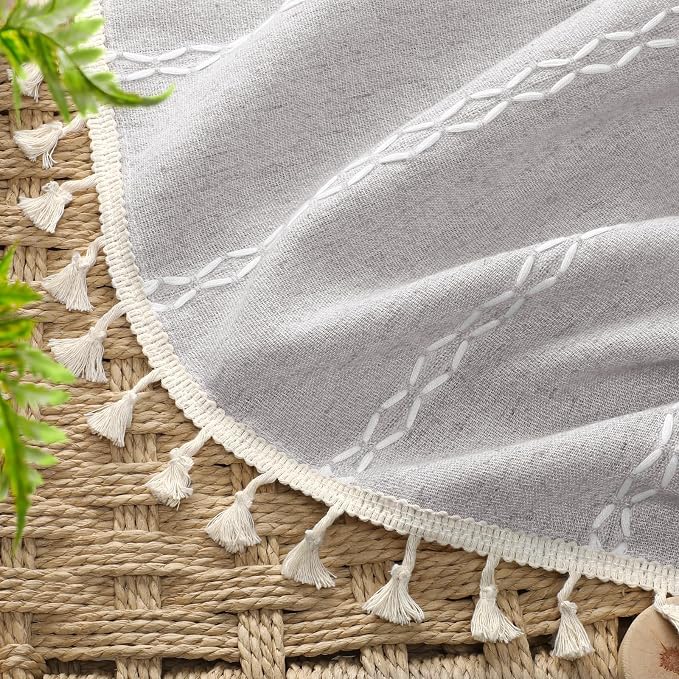 Grey Boho Blackout Curtains 2 Panels 84 Inch for Living Room Bedroom, Linen Texture Farmhouse Curtains with Tassels and White Cotton Embroidery Vintage Rustic Country Western