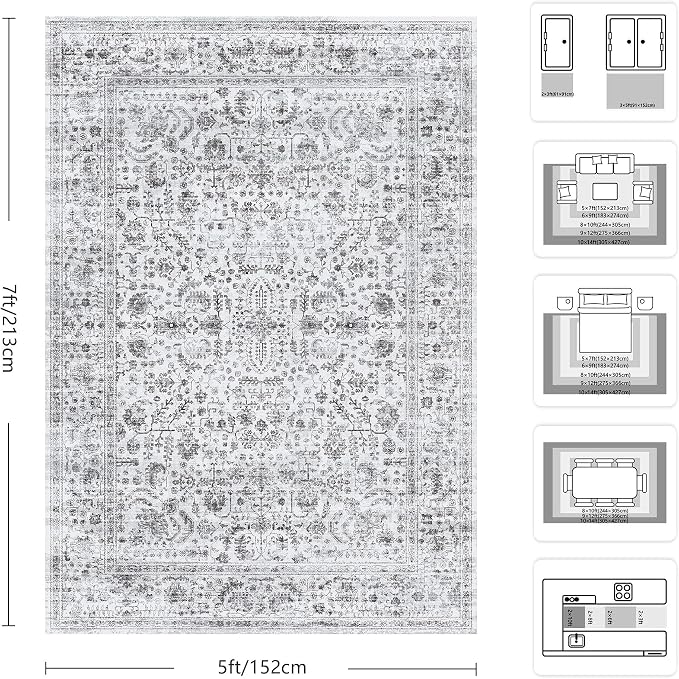 5x7 Area Rugs, Washable Vintage Retro Floral Rug for Living Room, Low Pile Non Slip Distressed Large Carpet for Bedroom, Dining Room, Office, Home (Vintage Black)