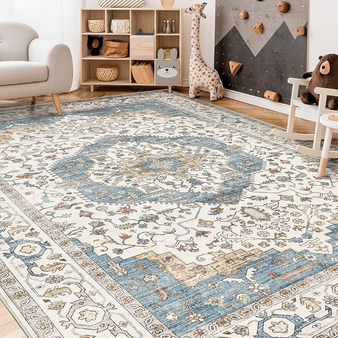 9x13 Area Rugs for Living Room - Large Carpet Ultra Thin Soft Washable Oriental Vintage Floral Distressed Rug Big Indoor Carpets for Bedroom Nursery Dorm Home Decor Aesthetic - Blue/Beige