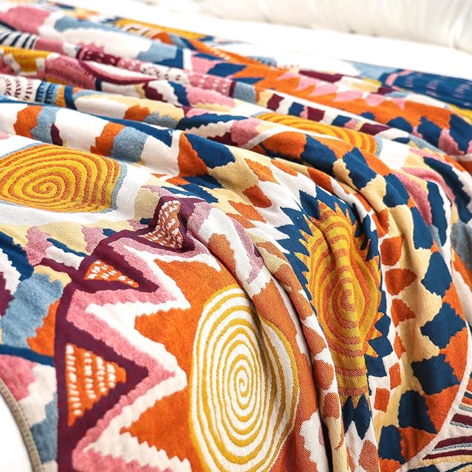 VANJOROY Boho Throw Blanket, 100% Organic Muslin Cotton Skin-friendly Breathable Ultra Soft Bed Quilt Throw - All Season Bohemian Decor Luxury Colorful Blanket for Sofa Couch Chair and Gift. 60" x 80"