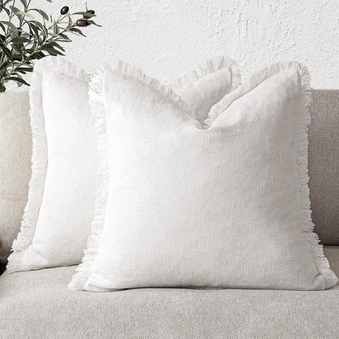 Foindtower Set of 2 Decorative Linen Fringe Throw Pillow Covers Cozy Boho Farmhouse Cushion Cover with Tassels Soft Accent Pillowcase for Couch Sofa Bed Living Room Home Decor,20×20 Inch,White
