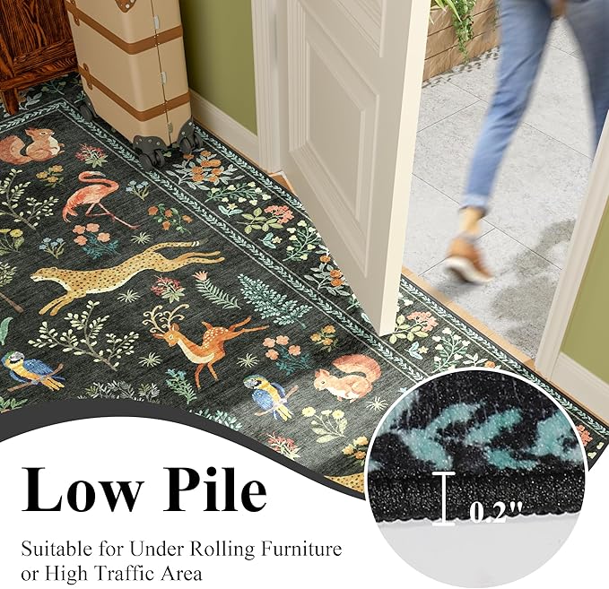 DUKINO 6ft Round Rug for Bedroom, Animal Print Washable Circle Rug with Low Pile Design, Soft Indoor Floor Non Slip Carpet for Entryway, Living Room, Office, Dining Room, Black