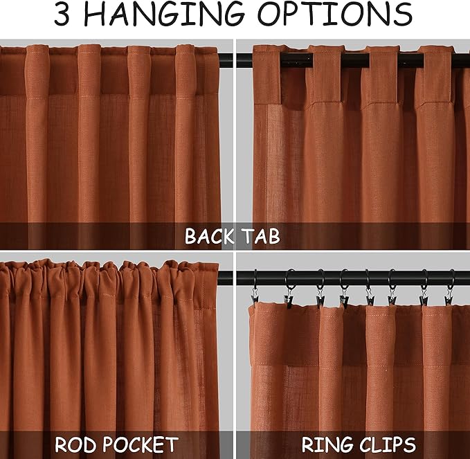Nanspring Rust Linen Curtains 94 inches Long 2 Panel Back Tab Rod Pocket Rustic Farmhouse Boho Curtain for Dining Room Brick Burnt Bohemian Terracotta Colored Semi Sheer Curtains 94 inch Length
