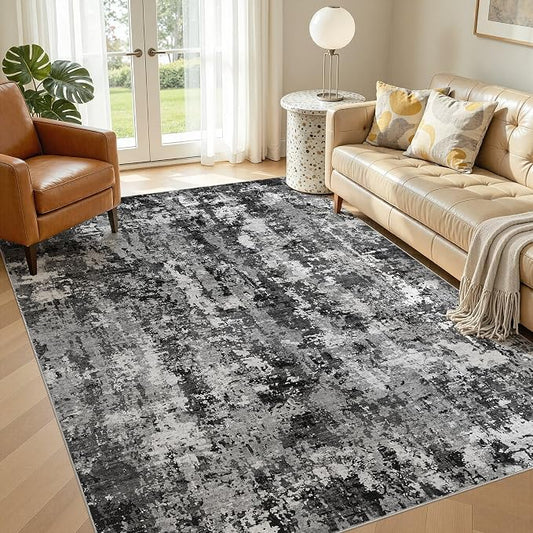 5x7 Area Rug Living Room Rugs: Washable Large Soft Abstract Modern Neutral Rug Stain Resistant & Non-Slip Low-Pile Carpet for Bedroom Dining Nursery Home Office Room Decor - Black