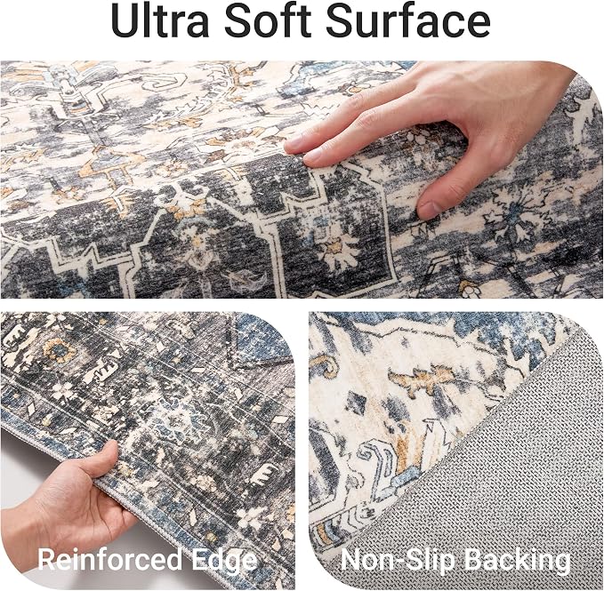 befbee 9x12 Area Rugs for Living Room,Ultra-Thin Washable Rug, Non-Slip Lightweight Foldable Area Rug, Stain Resistant Vintage Large Rugs(Blue/Black,9'x12')