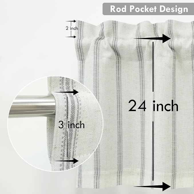 DriftAway Farmhouse Linen Lined Valance Double Layer Thermal Insulated Room Darkening Blackout Window Valances 3 Inch Rod Pocket Vertical Striped Kitchen Valance for Bathroom Single 52 x 24 Inch Gray