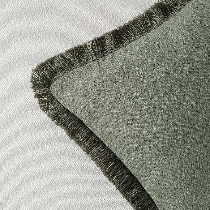 MIULEE Decorative Throw Pillow Covers Neutral Linen Fringe Throw Pillows Euro Shams Set of 2 Light Olive Green Boho Farmhouse Cushions for Couch Sofa Bed Living Room Spring Home Decor 26x26 Inch