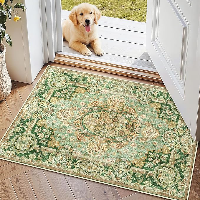 Boho Vintage Floral Area Rug 2x3, Low Pile Non Slip Washable Rug for Entryway Bathroom Bedroom, Small Decorative Carpet, Sage Green