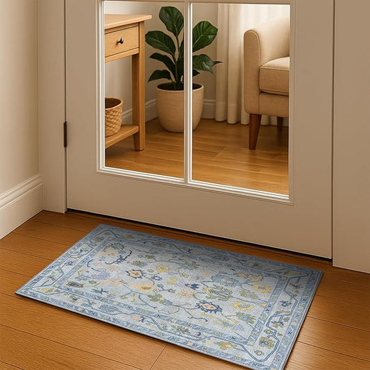 Blue Boho Oushak Rug 2x3 - Vintage Turkish Small Area Rugs for Kitchen Floor, Non-Slip Washable Rugs for Entryway, Entrance, Bathroom, Bedroom, Under Table, Living Room, Indoor