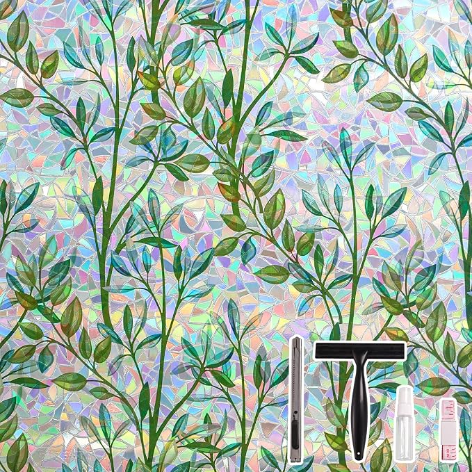 LEMON CLOUD Window Privacy Film Static Clings Decorative Leaf Rainbow Window Sticker Non-Adhesive Decals for Glass with Tools, 23.6 x 157.4 Inch