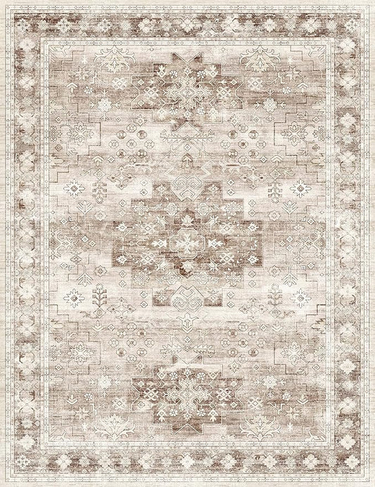 Boho 7x9 Area Rug for Living Room - Washable Beige Dining Room Rug Under the Table, Low Pile Non-Slip Rugs for Bedroom, Office - Charming Geometric Decor & Stain Resistance (7x9 Beige/Latte)