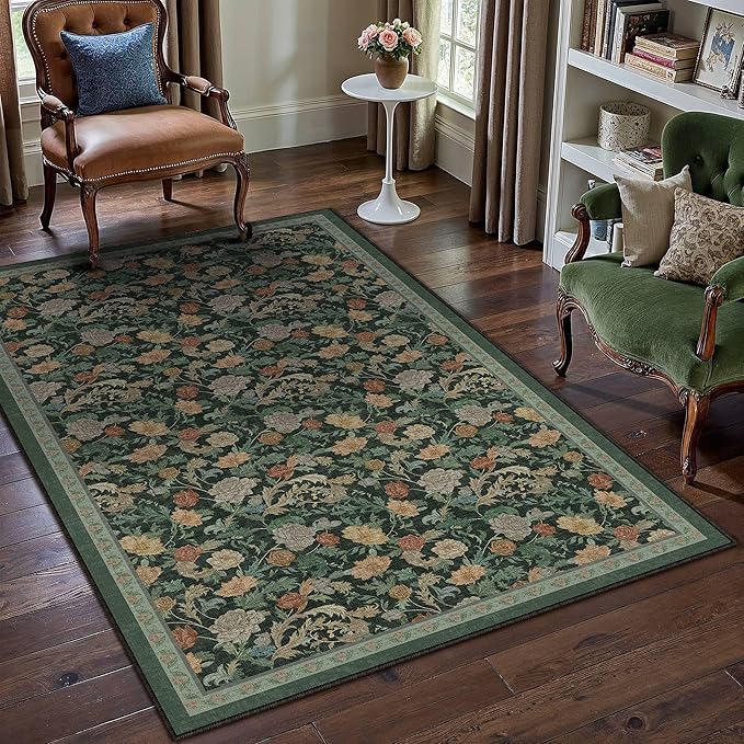 HUGEAR Retro Area Rugs 3x5 Washable Living Room Bedroom Rugs Vintage Floral Throw Carpet Dark Green Stain Resistant Non Slip Low Pile for Home Aesthetic Modern Decor