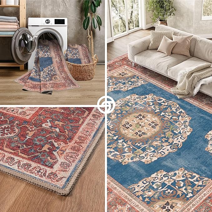 Navy Blue Brick Oushak Large Area Rug 8x10 - Washable Boho Rug Vintage Turkish Non-Slip Carpet Non-Shedding Extra Large Area Rugs for Living Room, Dining, Bedroom, Lounge, Farmhouse