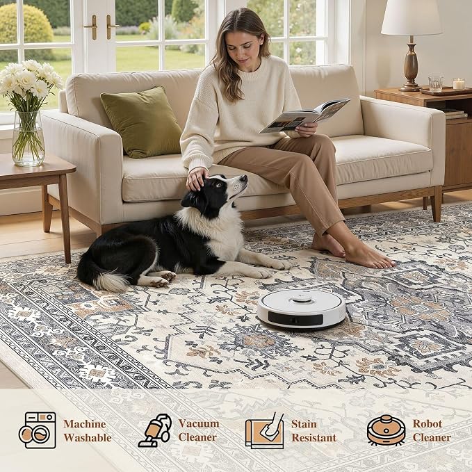UERMEI 10x14 Area Rug Living Room Rugs - Washable Vintage Soft Large Rug Indoor Floor No Slip Rug Carpet for Bedroom Farmhouse Under Dining Table Home Office Decor - Grey-Orange