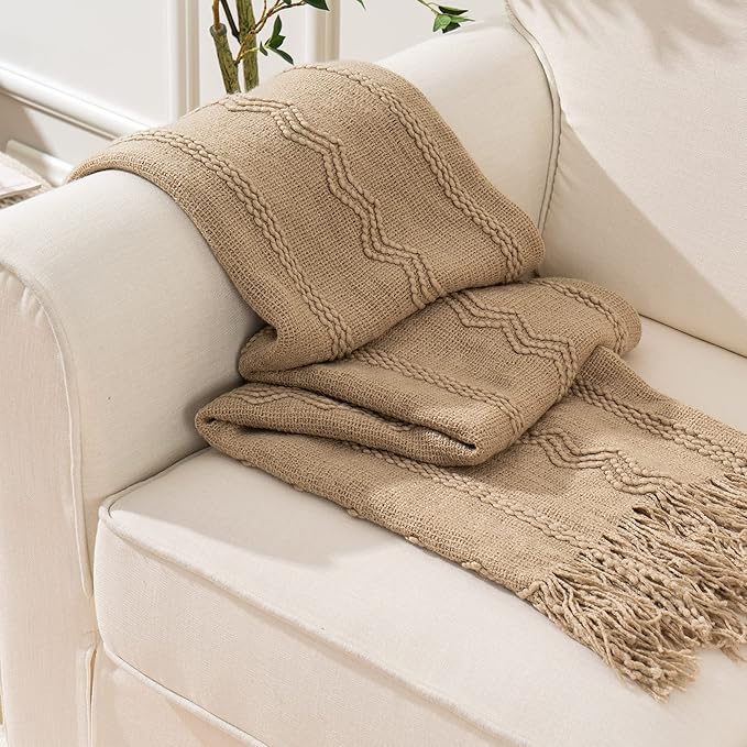 BATTILO HOME Tan Throw Blanket for Bed, Boho Decorative Blanket for Couch, Taupe Throw Blanket for Home Decor, 50"x60"