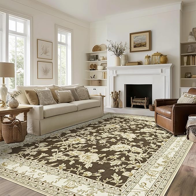 Brown Floral Area Rugs 6x9 Living Room, Brown with Cream Beige Flower Design Low-Pile Washable Rugs for Bedroom Dining Room, Vintage Modern Farmhouse Boho Indoor Floor Carpet Kids Playroom